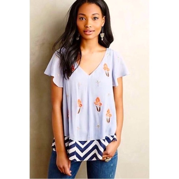 Floreat by Anthropologie light blue floral, embroidered sheer Color block blouse - Picture 1 of 15